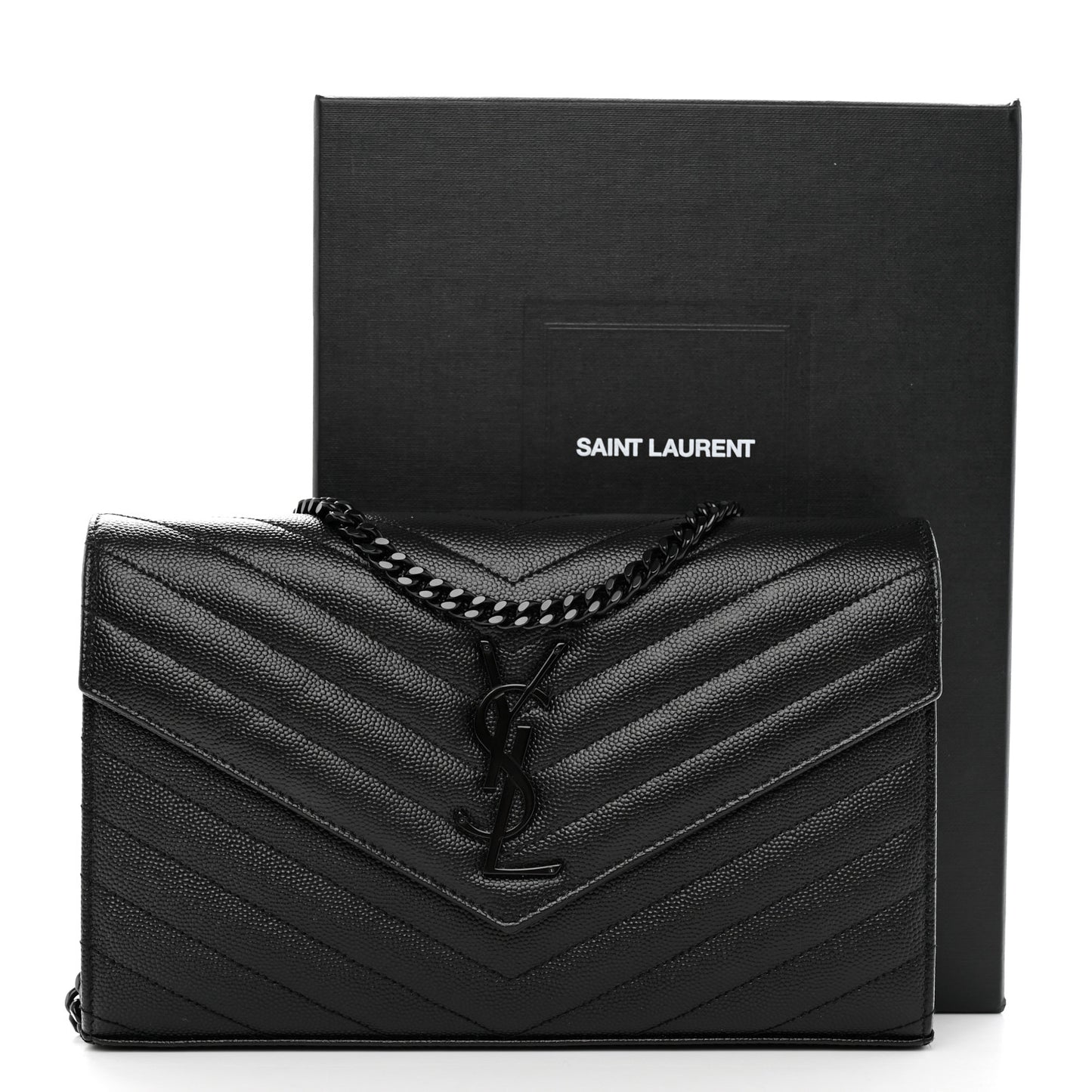 Grain De Poudre Matelasse Chevron Monogram Monochrome Chain Wallet Black