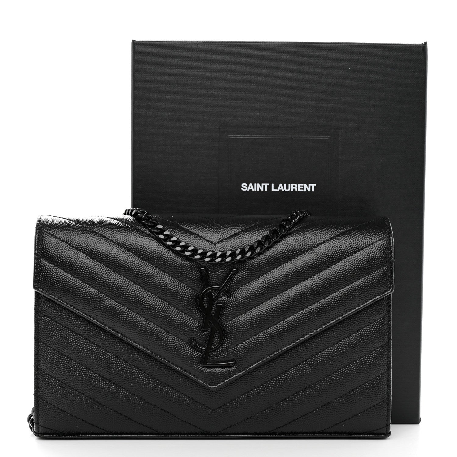 Saint Laurent Grain De Poudre Matelasse Chevron Monogram Monochrome Chain Wallet Black 12 of 12