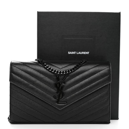 Saint Laurent Grain De Poudre Matelasse Chevron Monogram Monochrome Chain Wallet Black 12 of 12