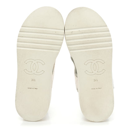 Chanel Goatskin Fabric Gladiator Sandals 36.5 White Light Grey Navy Blue 6 of 14