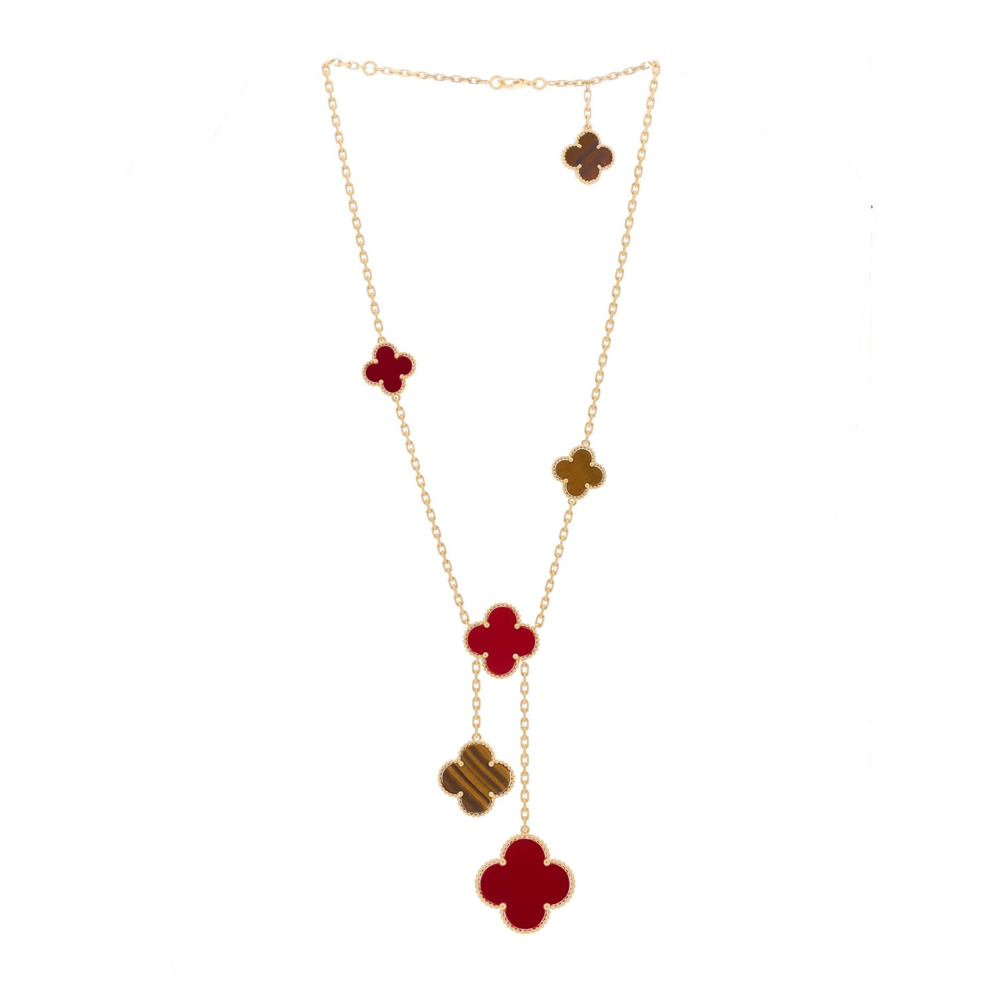 18K Yellow Gold Carnelian Tiger Eye 6 Motifs Magic Alhambra Necklace