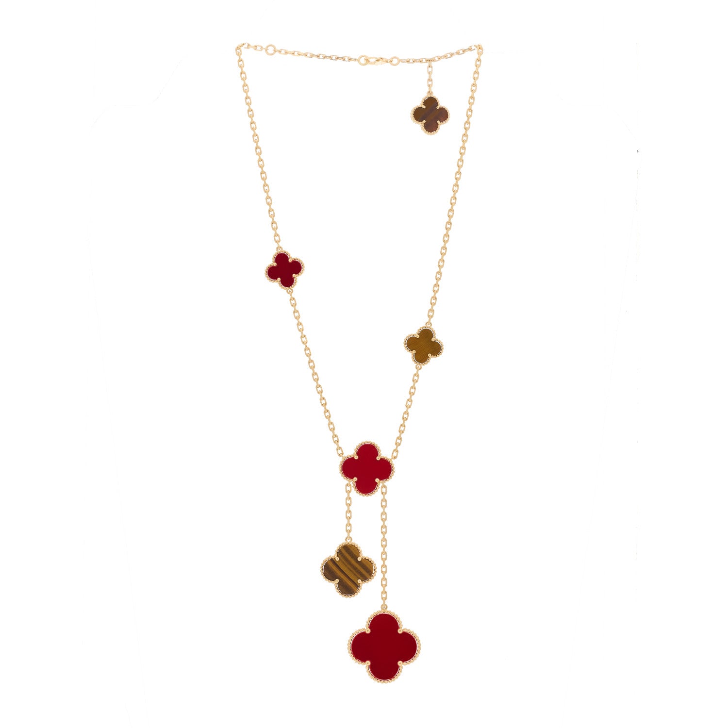Van Cleef & Arpels 18K Yellow Gold Carnelian Tiger Eye 6 Motifs Magic Alhambra Necklace 2 of 4