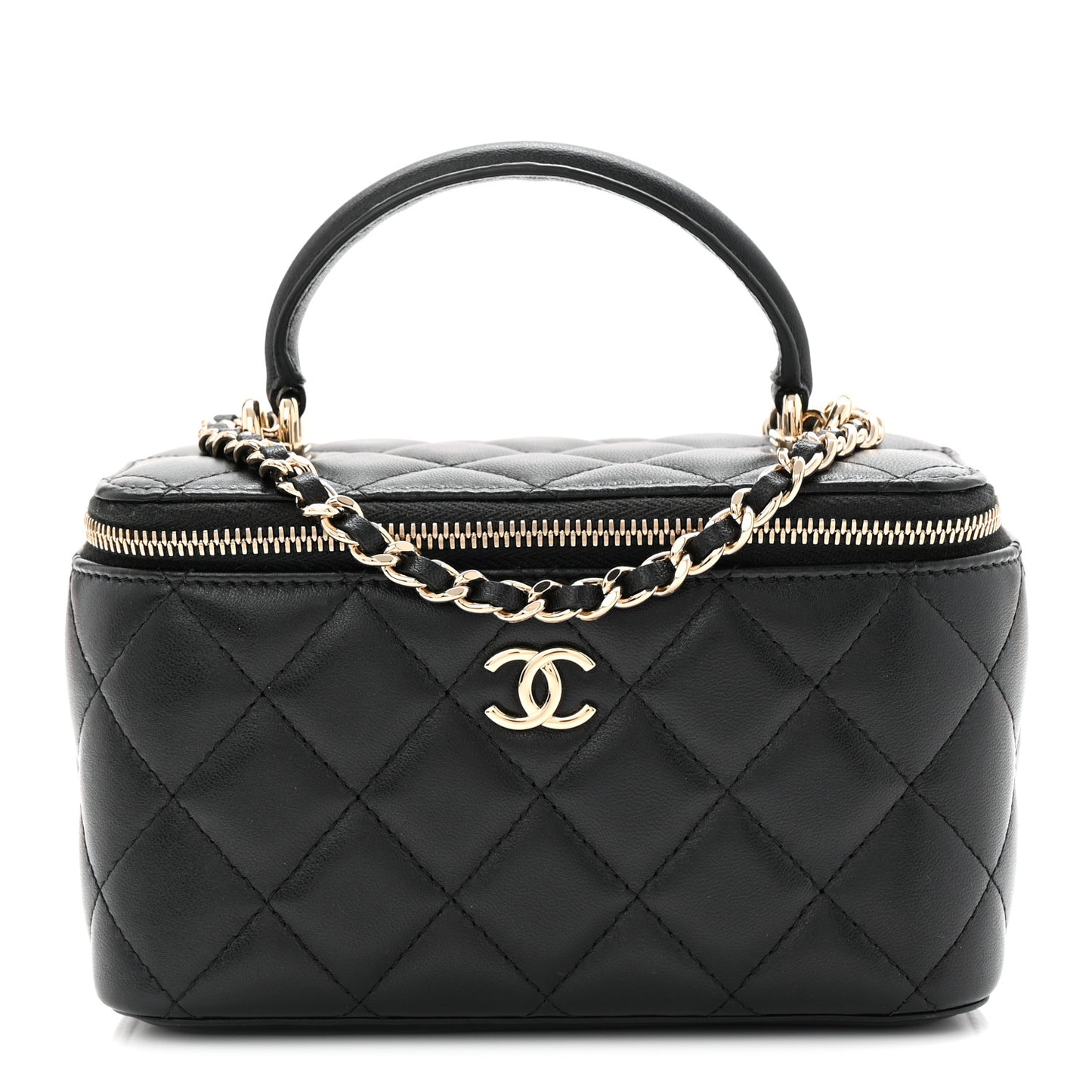 Lambskin Quilted Small Top Handle Vanity Case With Chain Black