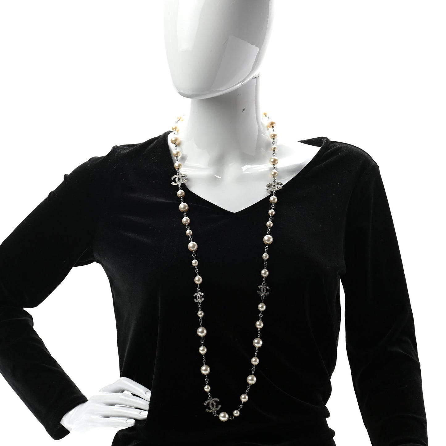 Crystal Pearl CC Long Necklace Silver