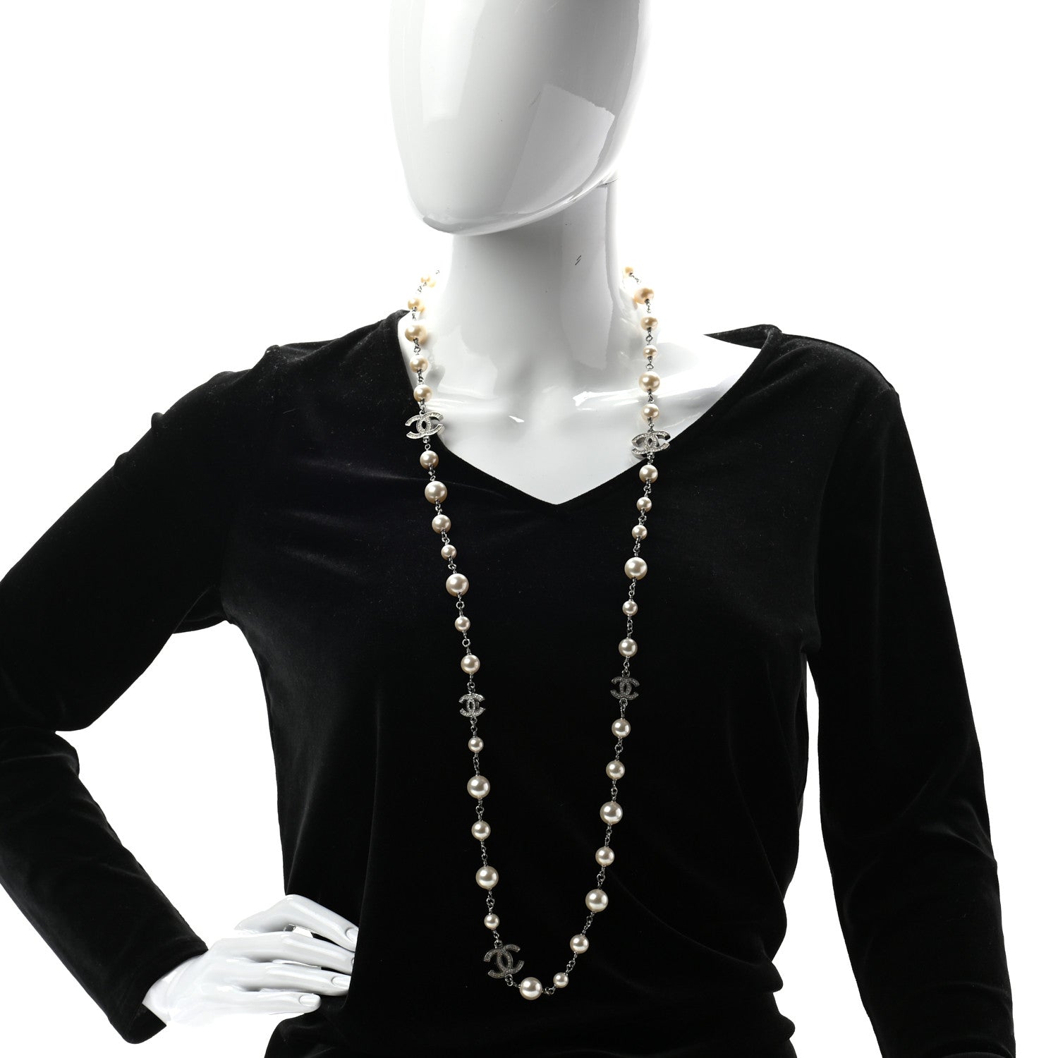 Chanel Crystal Pearl CC Long Necklace Silver 2 of 6