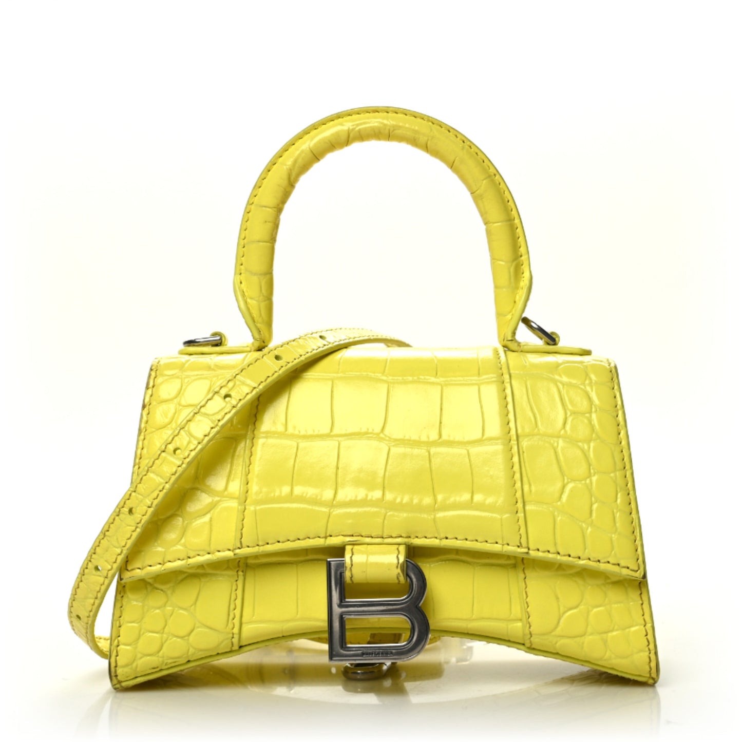 Shiny Calfskin Crocodile Embossed Hourglass Top Handle Bag XS Light Yellow