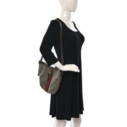 Gucci GG Supreme Monogram Textured Dollar Calfskin Web Small Ophidia Half Moon Hobo Beige Ebony New Acero 2 of 9