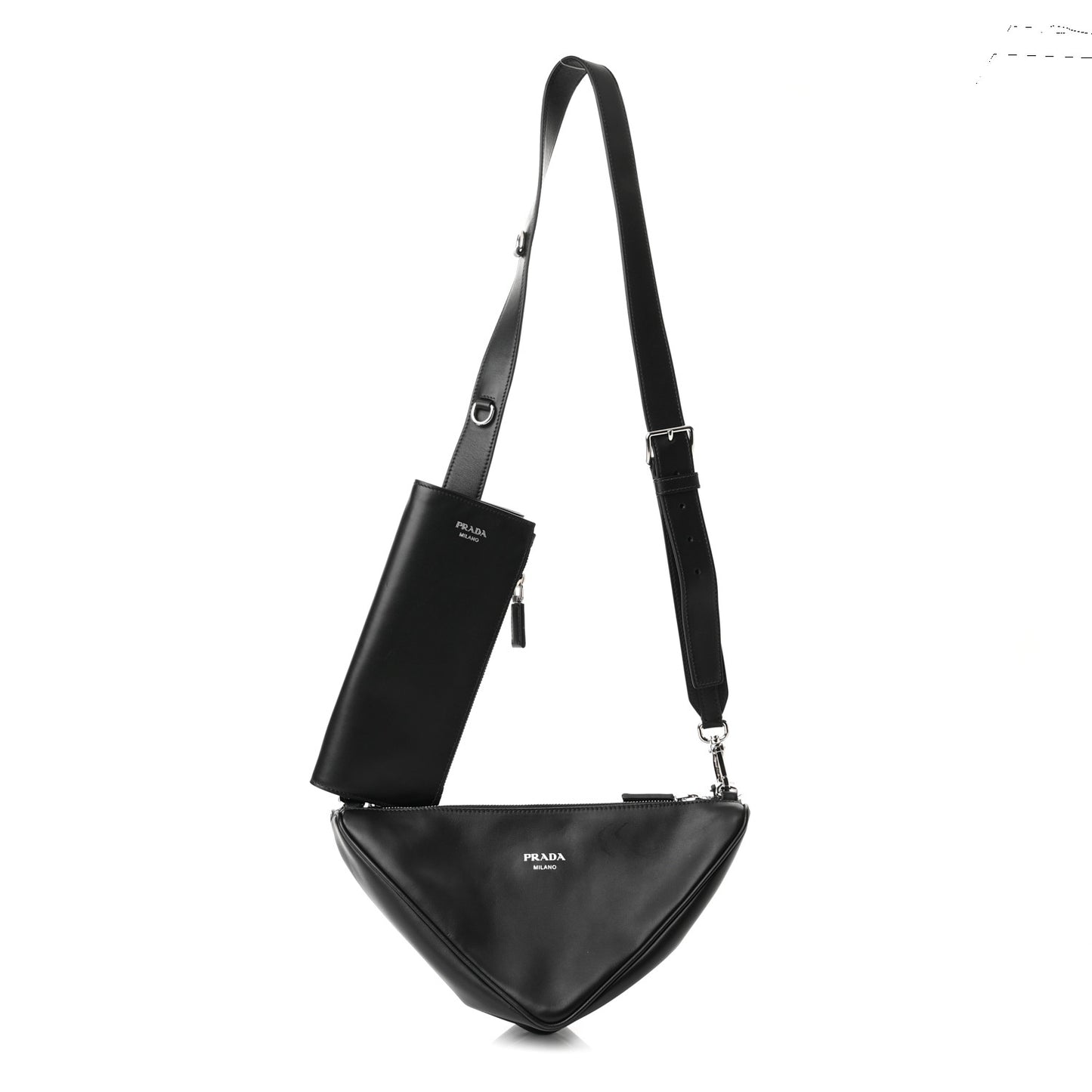 Vitello Saffiano Cuir Double Triangle Shoulder Bag Black