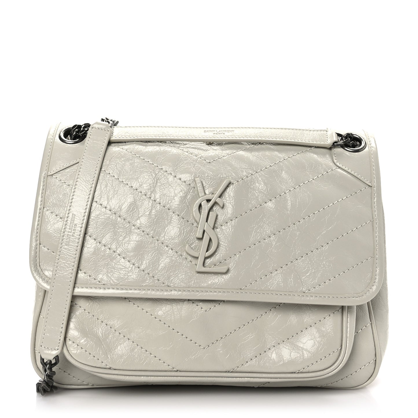 Crinkled Calfskin Matelasse Monogram Medium Niki Chain Satchel Crema Soft