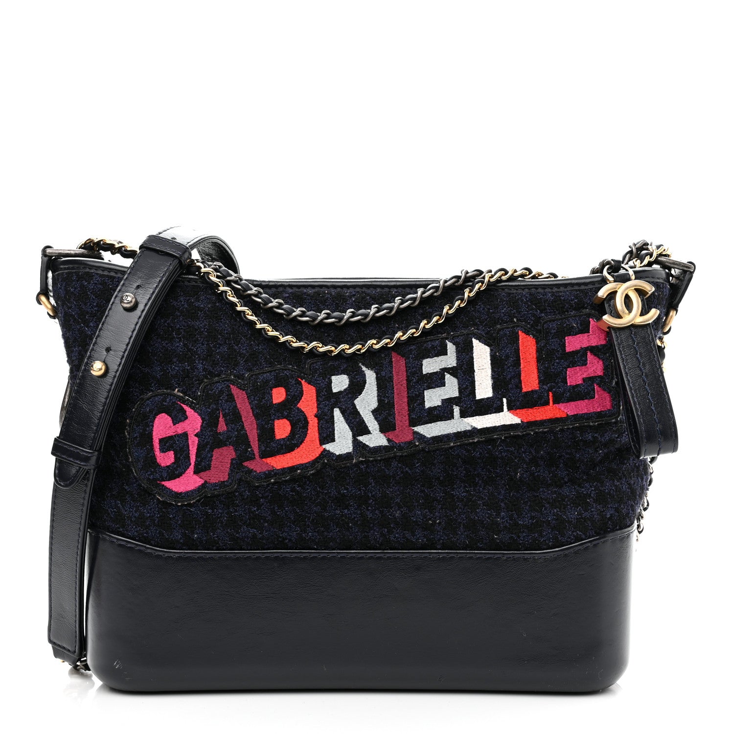 Chanel Tweed Calfskin Quilted Medium Gabrielle Hobo Black Blue 1 of 10