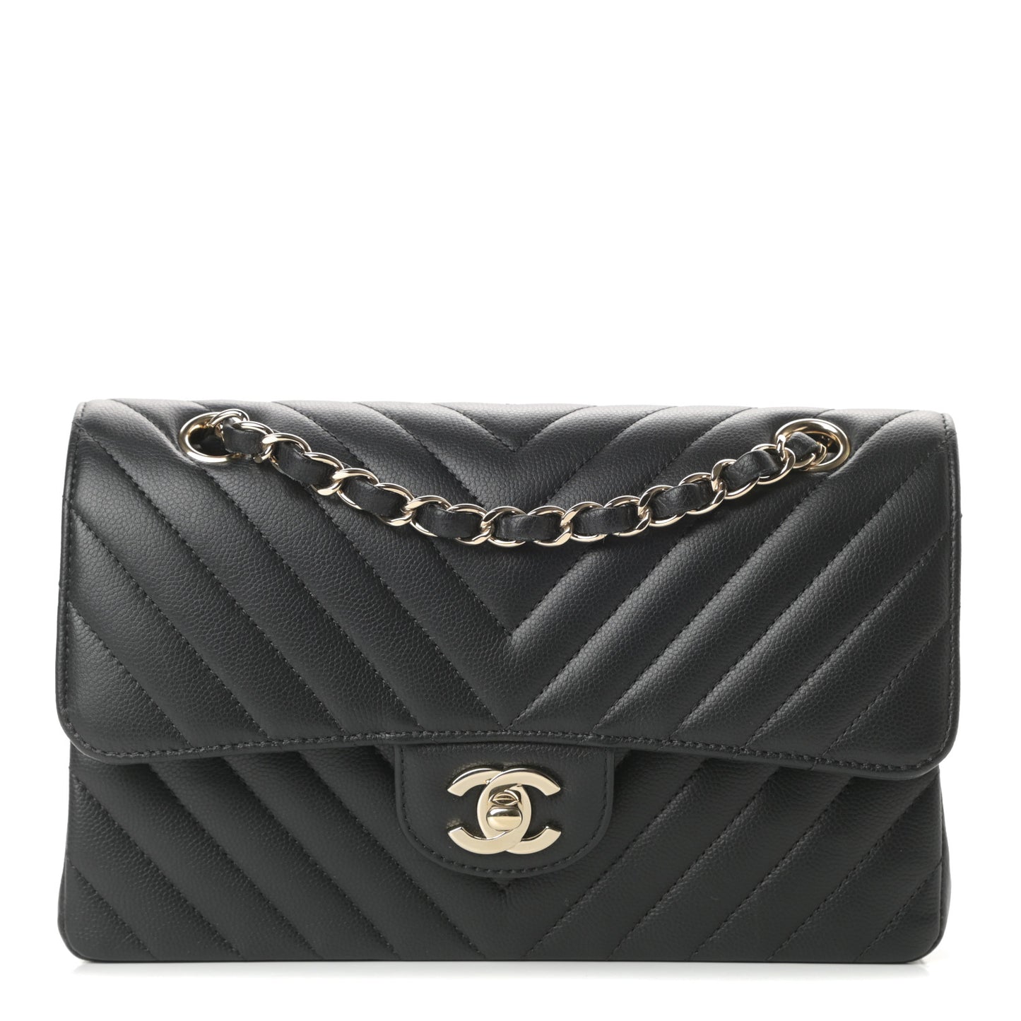 Caviar Chevron Quilted Small Double Flap Black