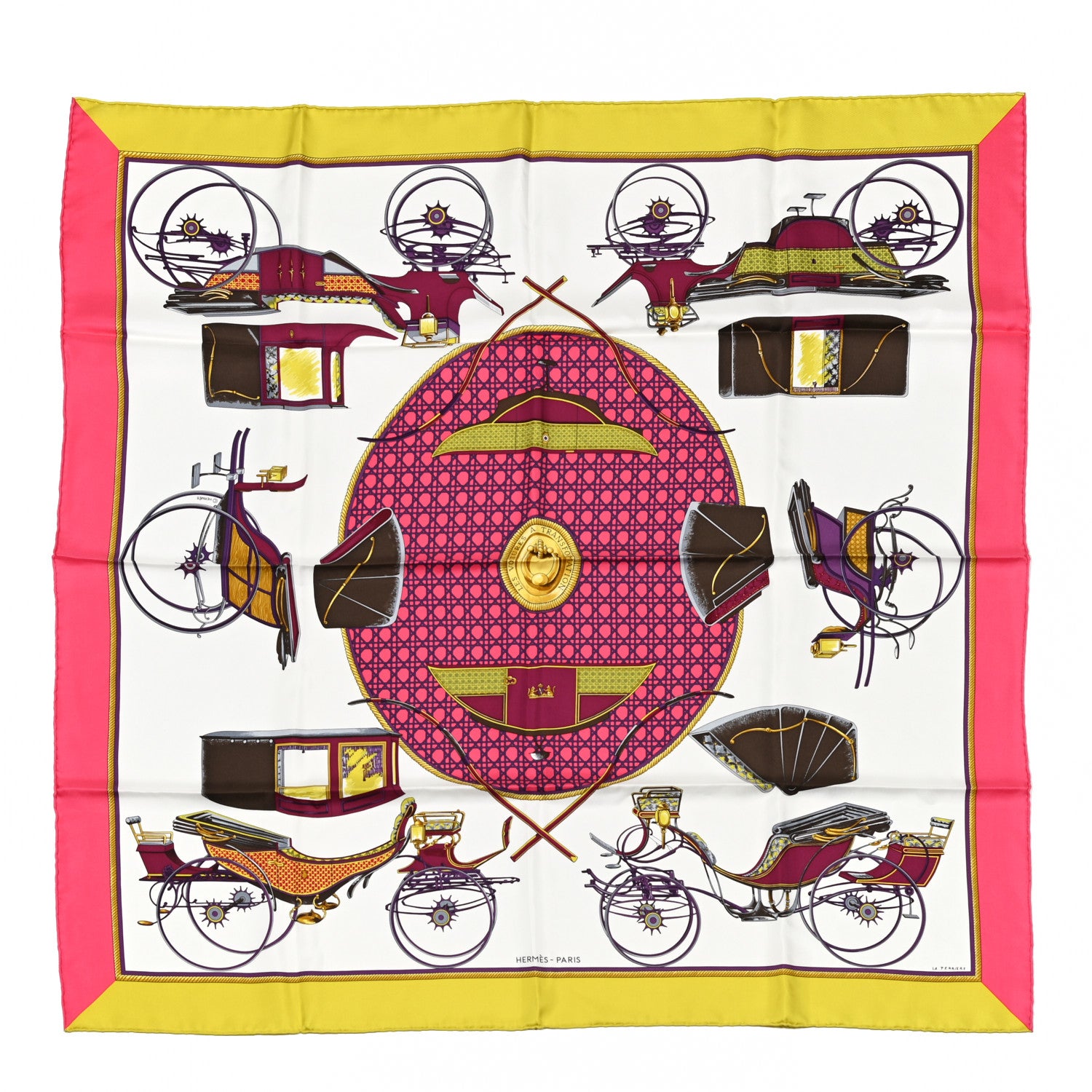 Hermes Silk Les Voitures A Transformation Scarf 90 Rose Vif White Chartreuse 1 of 5