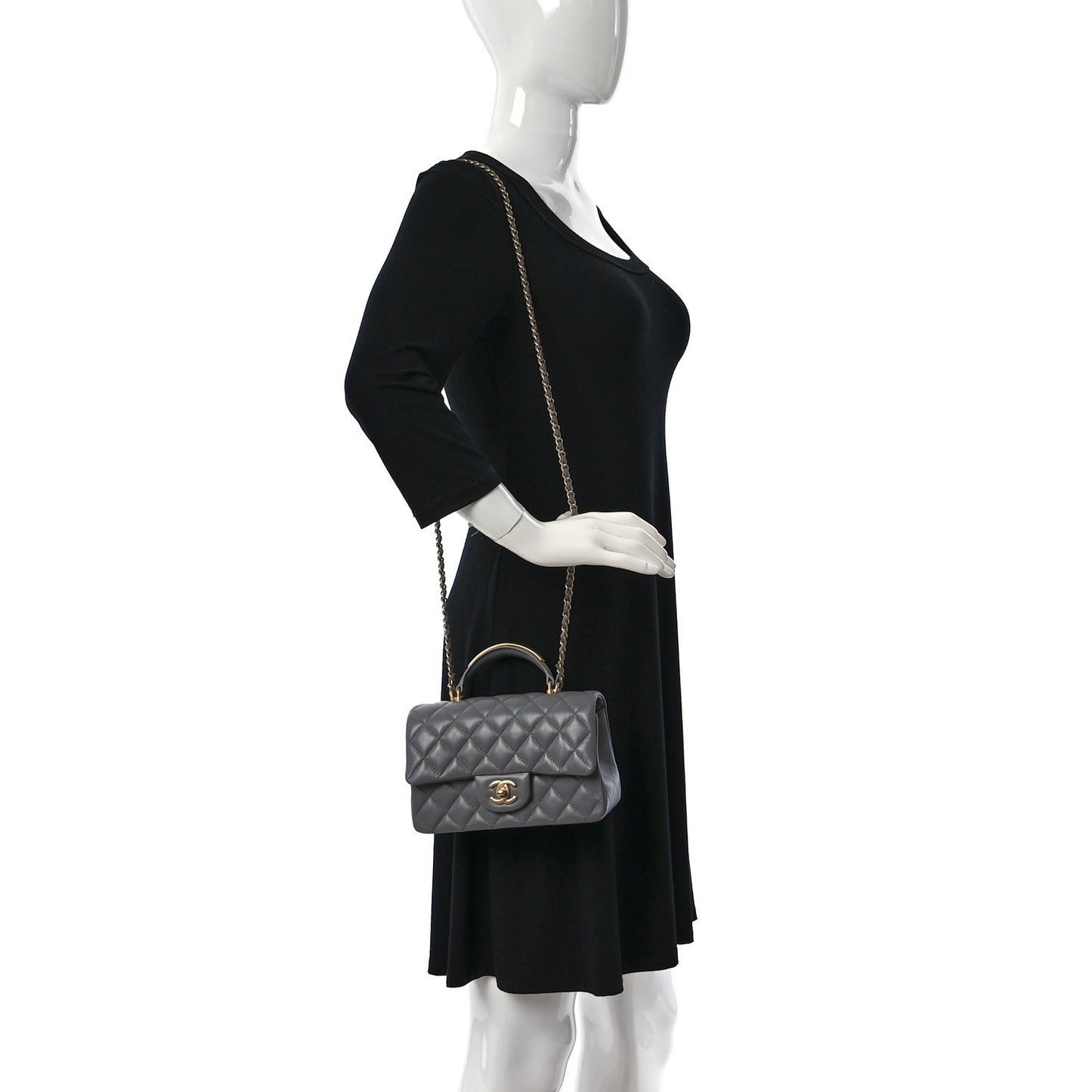 Lambskin Metal Quilted Mini Top Handle Rectangular Flap Grey