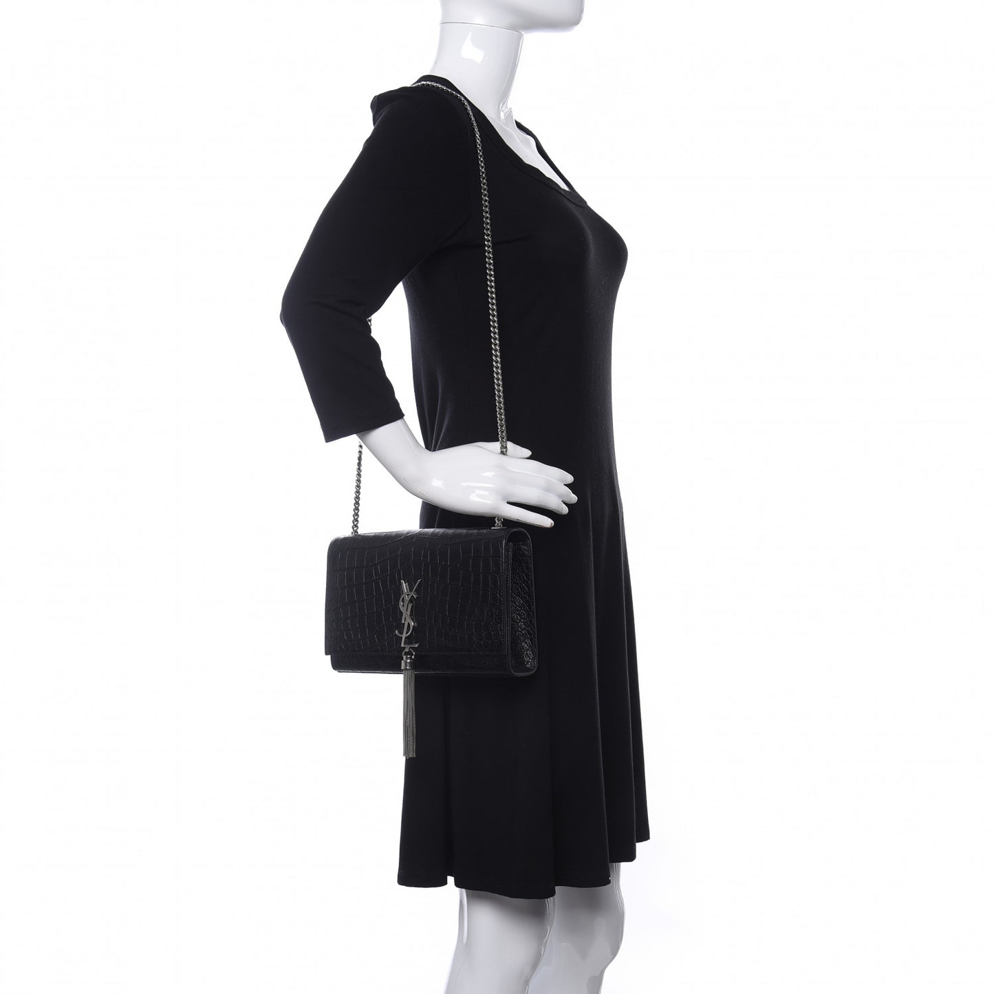 Calfskin Crocodile Embossed Medium Classic Monogram Kate Tassel Satchel Black