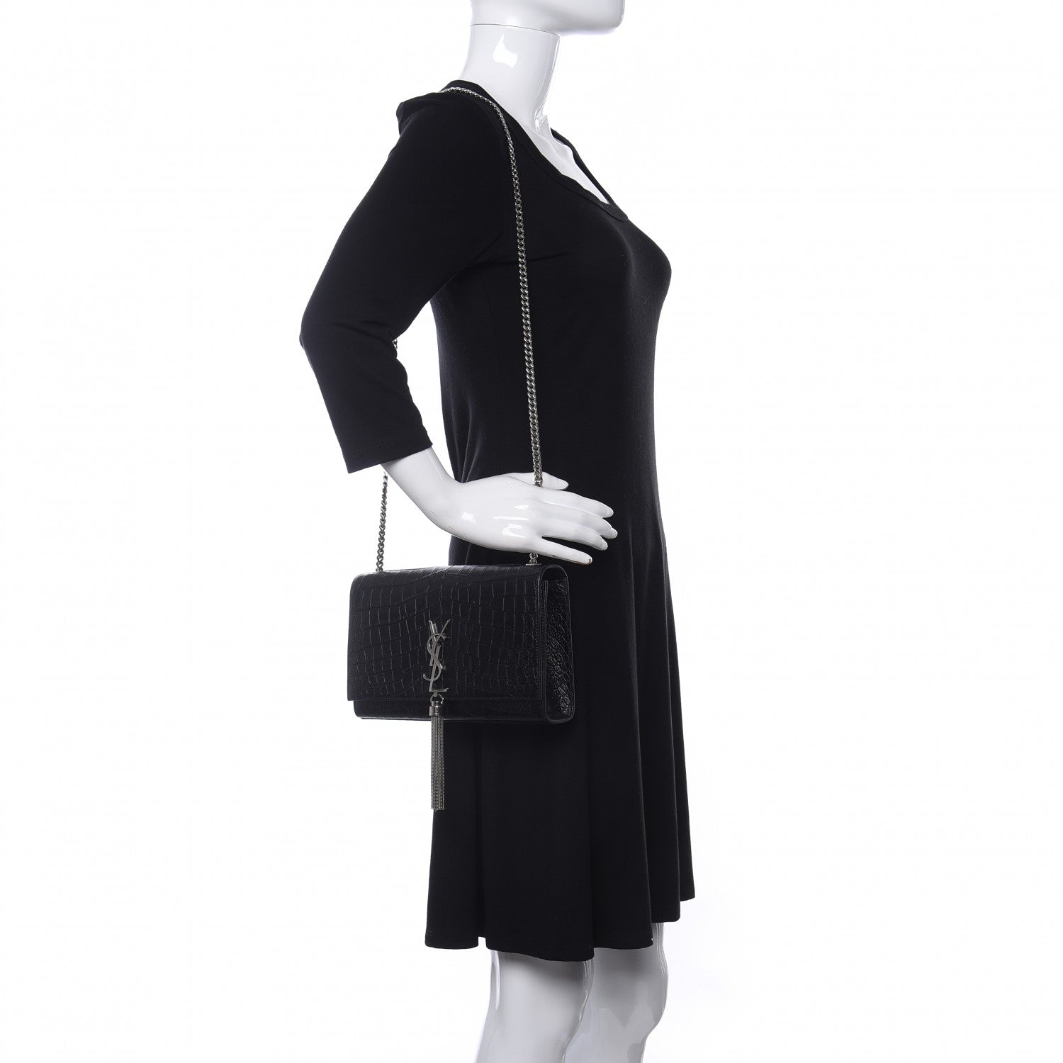 Saint Laurent Calfskin Crocodile Embossed Medium Classic Monogram Kate Tassel Satchel Black 2 of 8