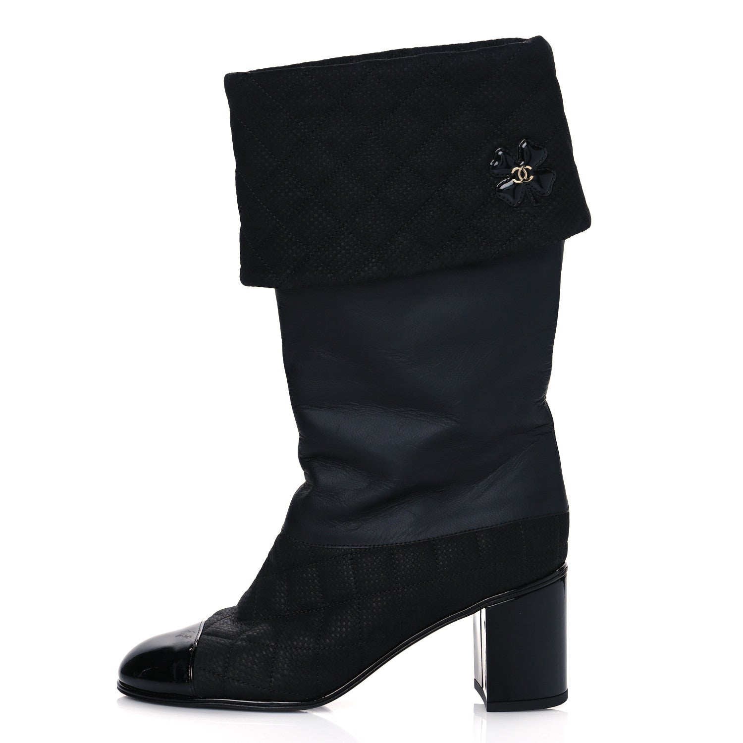 Chanel Perforated Suede Calfskin Patent Foldover CC Cap Toe Clover Short Boots 37.5 Black 2 of 8