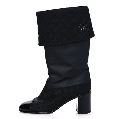 Chanel Perforated Suede Calfskin Patent Foldover CC Cap Toe Clover Short Boots 37.5 Black 2 of 8