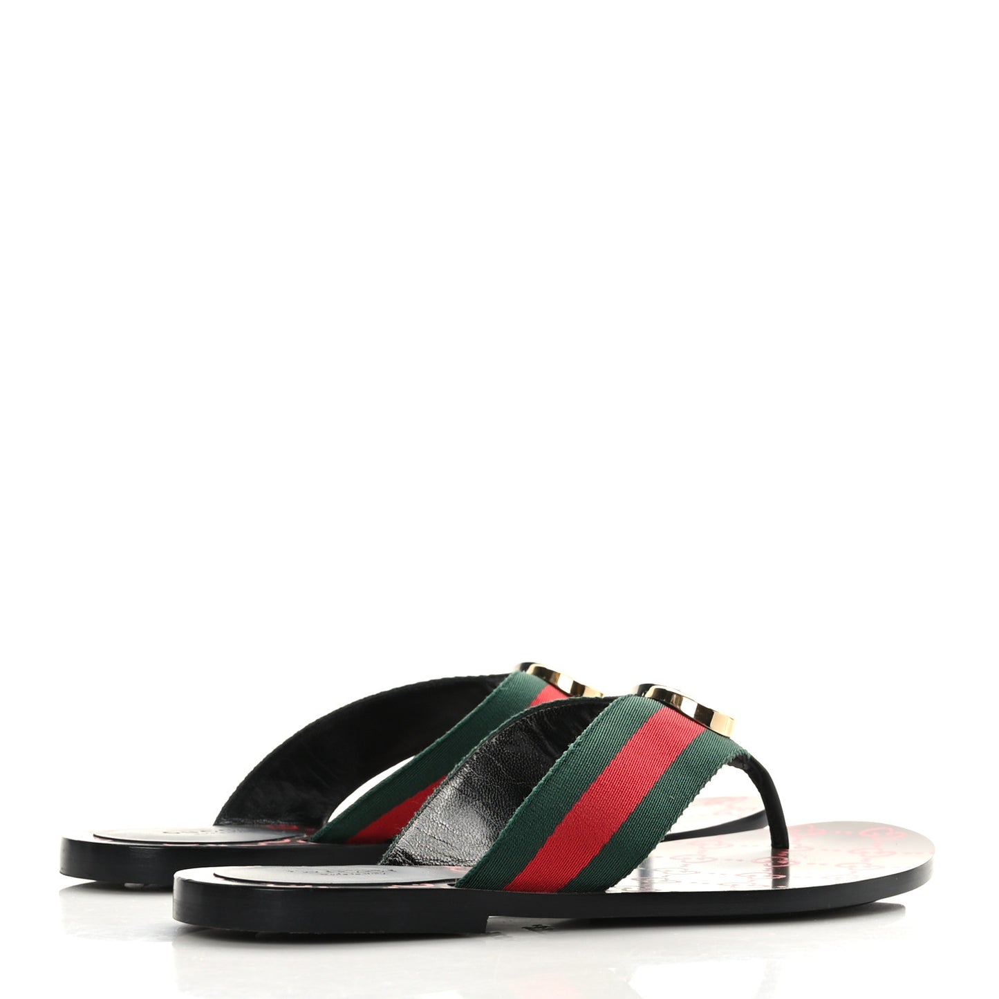 Nylon Calfskin Web GG Monogram Womens Thong Sandals 37.5 Green Red Cocoa