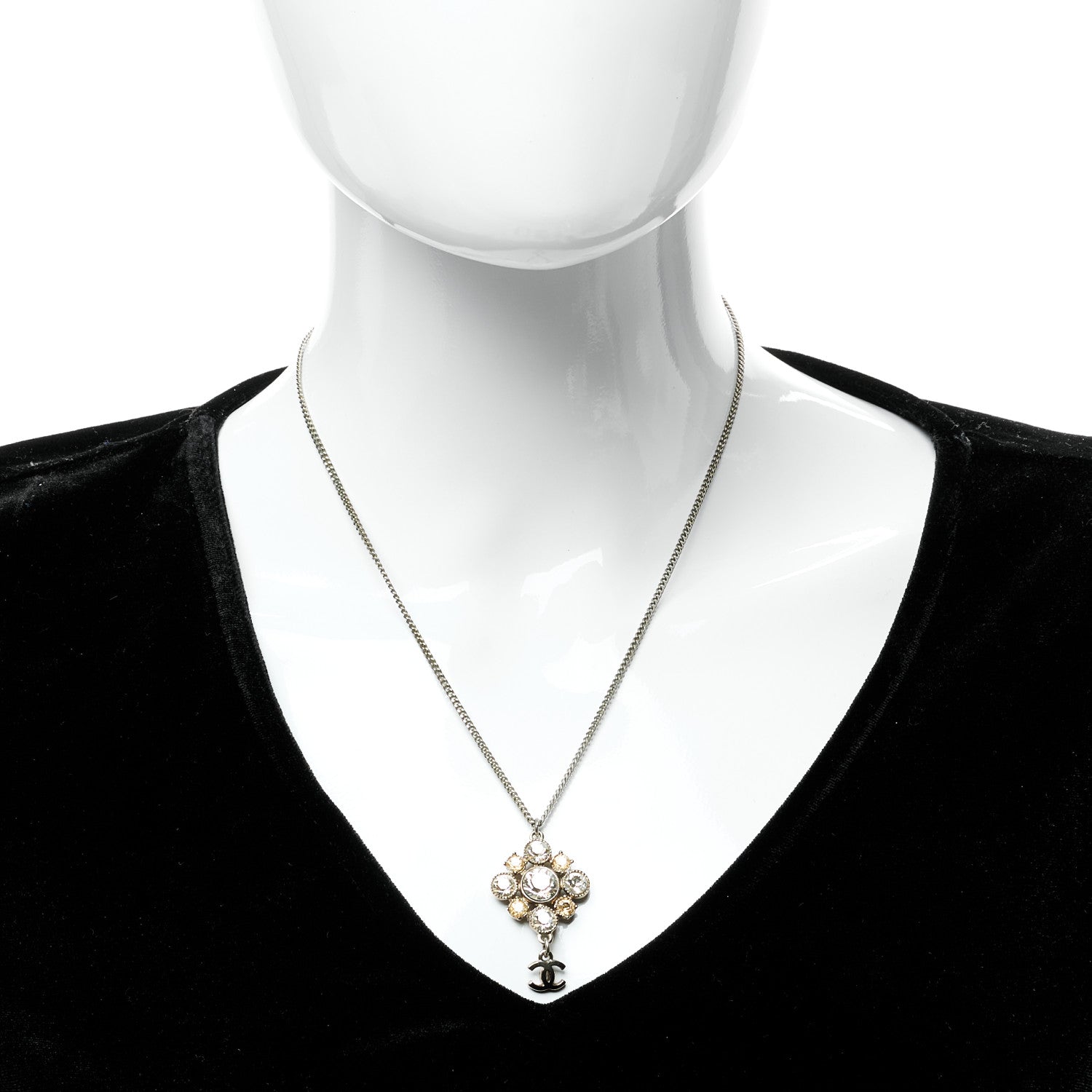 Chanel Crystal CC Drop Pendant Necklace Silver 3 of 6