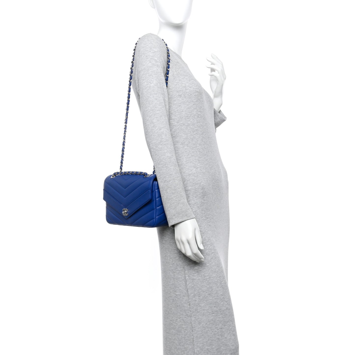 Caviar Chevron Quilted Single Flap Blue