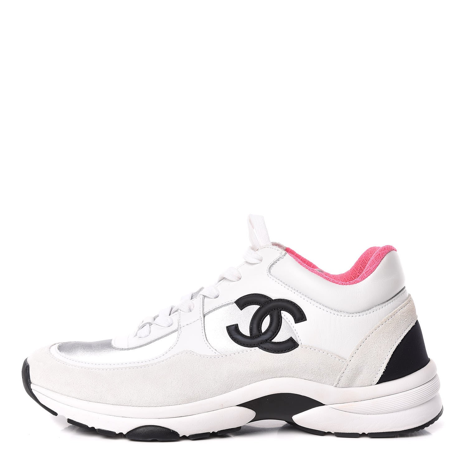 Chanel Suede Calfskin CC Sneakers 38.5 White Silver Fluo Pink 1 of 11