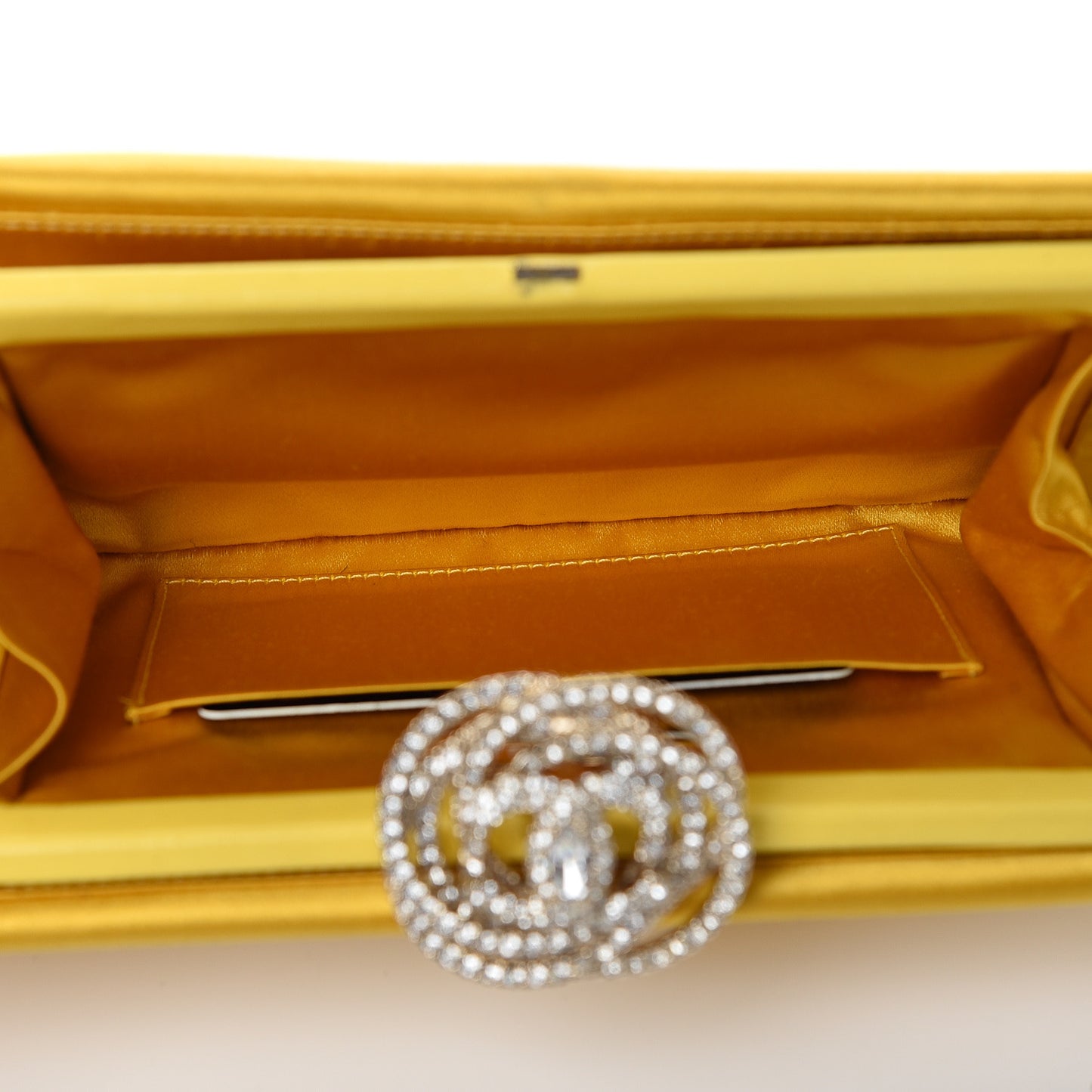 Satin Crystal Camellia Evening Frame Clutch Yellow