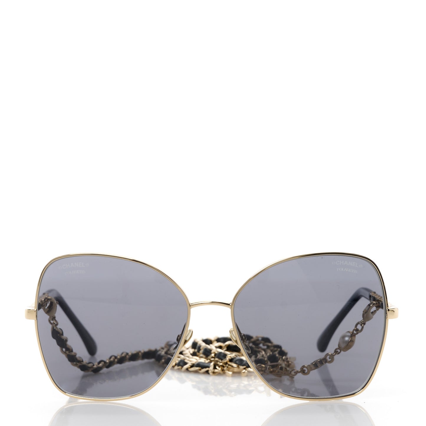 Metal Calfskin Butterfly Pearl Chain Sunglasses 4274Q Gold Black