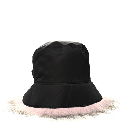 Prada Re-Nylon Faux Fur Metal Triangle Logo Womens Bucket Hat M Black Alabastro 6 of 8