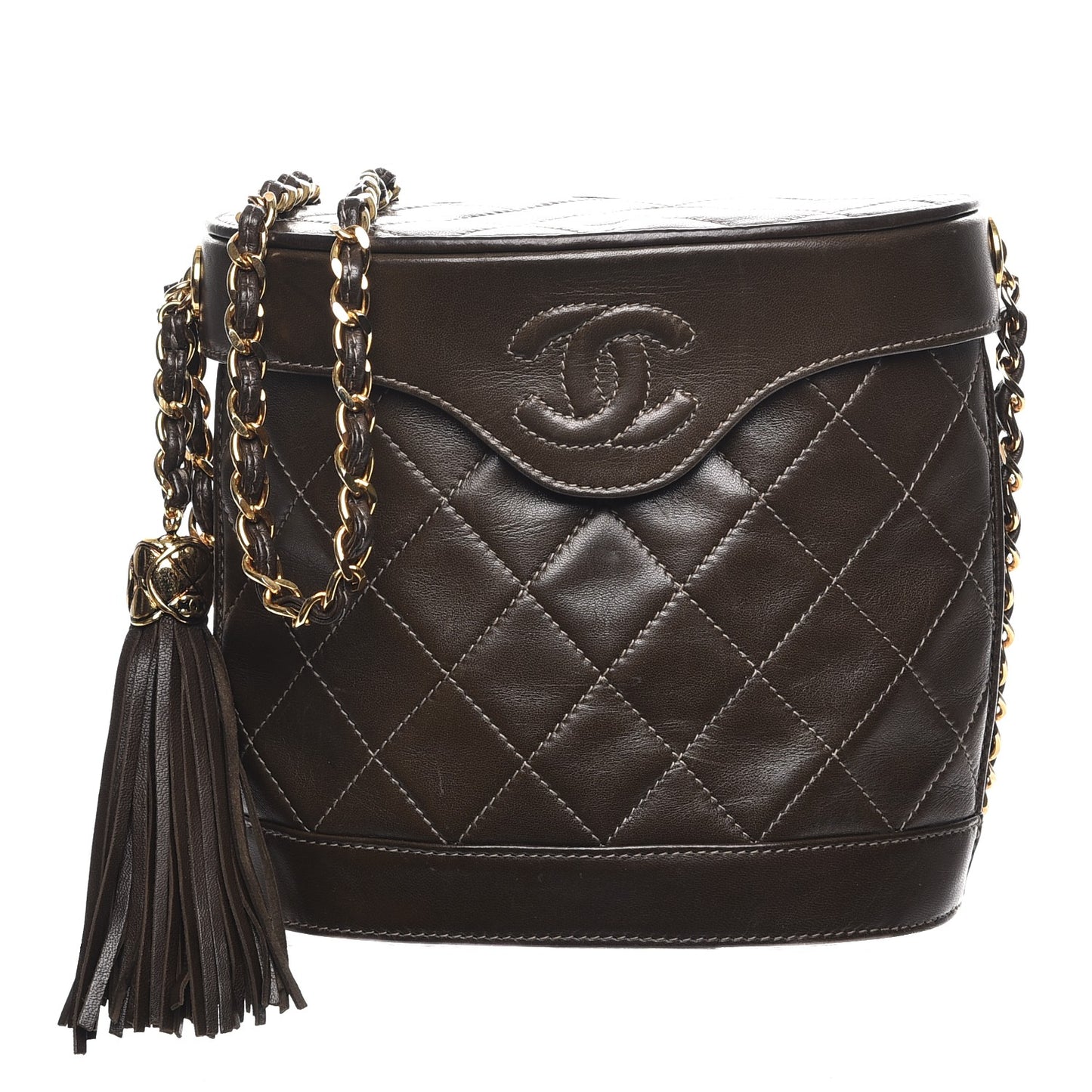 Lambskin Quilted Tassel Shoulder Bag Dark Brown