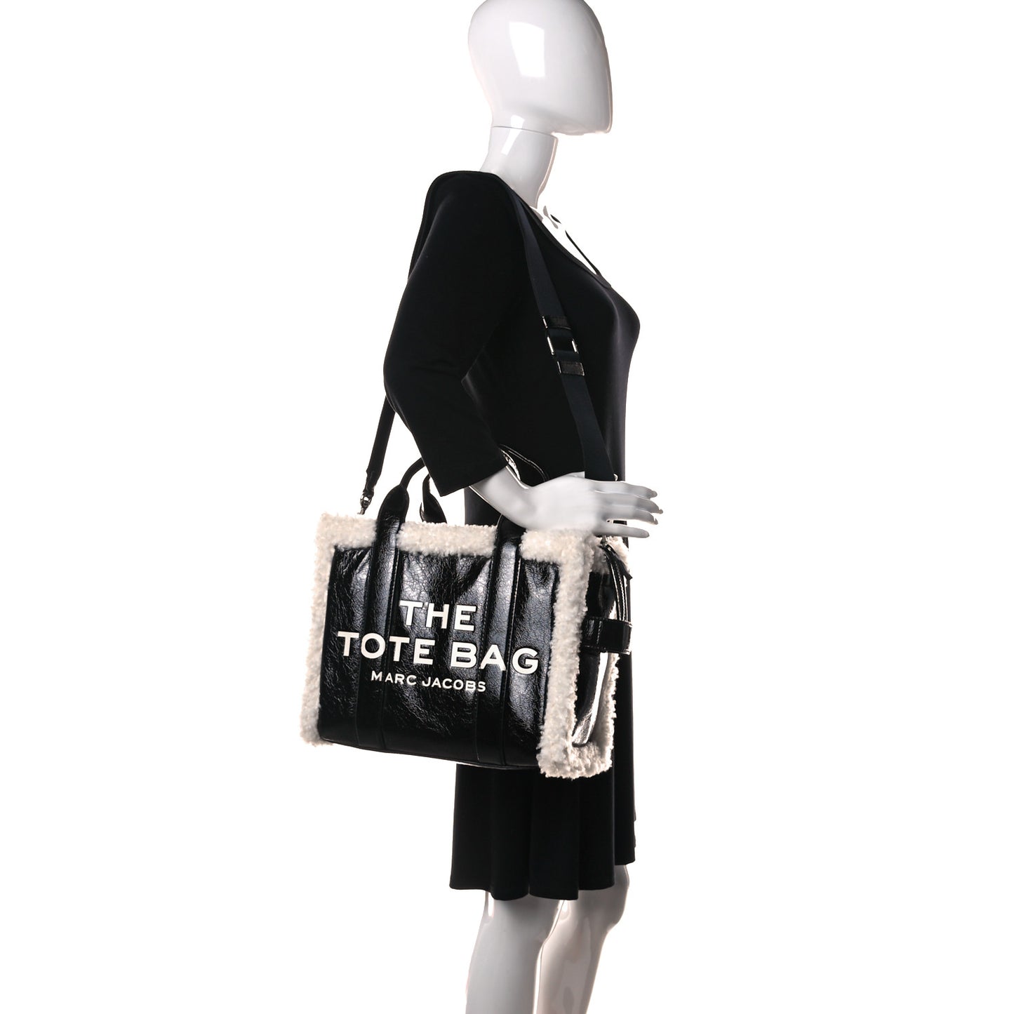 Shiny Calfskin Faux Shearling Small The Traveler Tote Bag Black