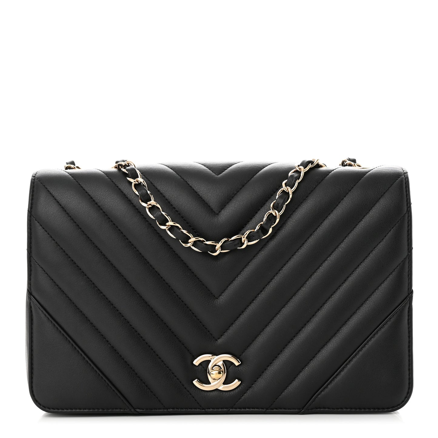 Calfskin Chevron Quilted Large Statement Flap Black