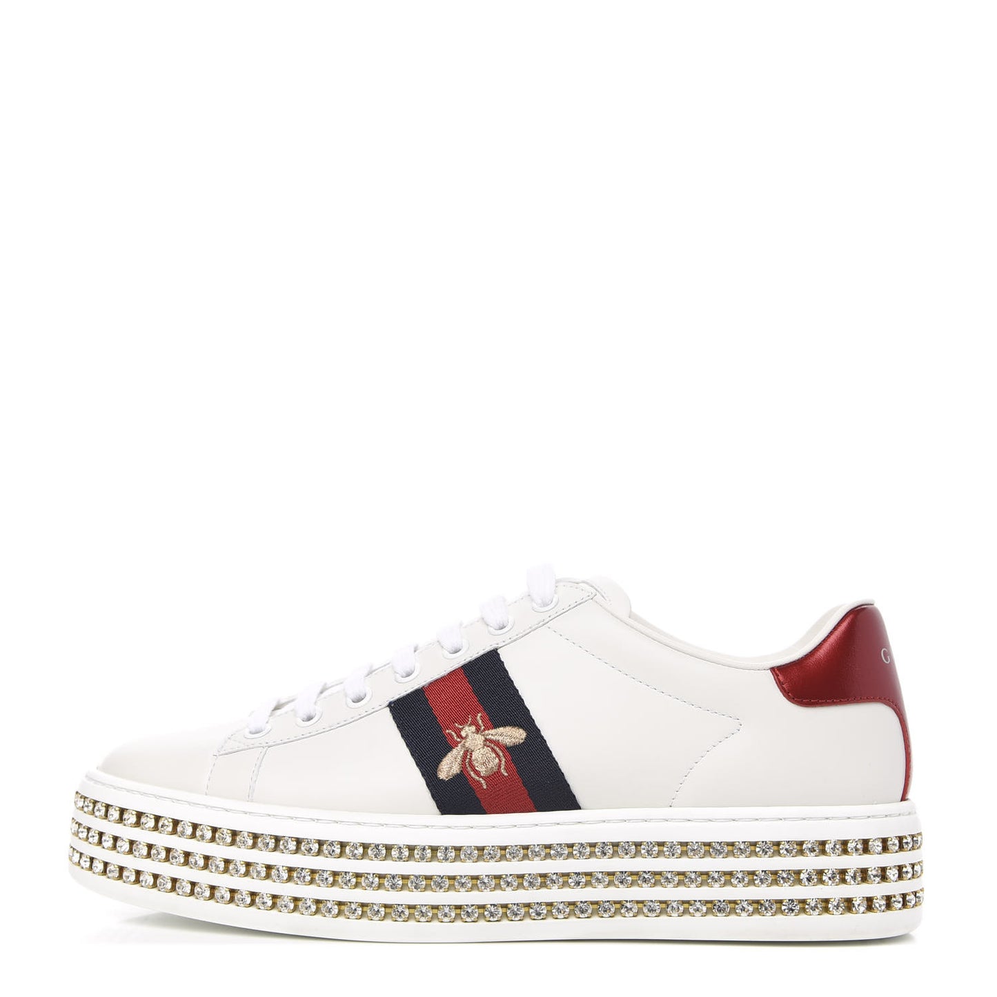 Calfskin Crystal Web Bee Embroidered Womens Ace Platform Sneakers 38.5 White
