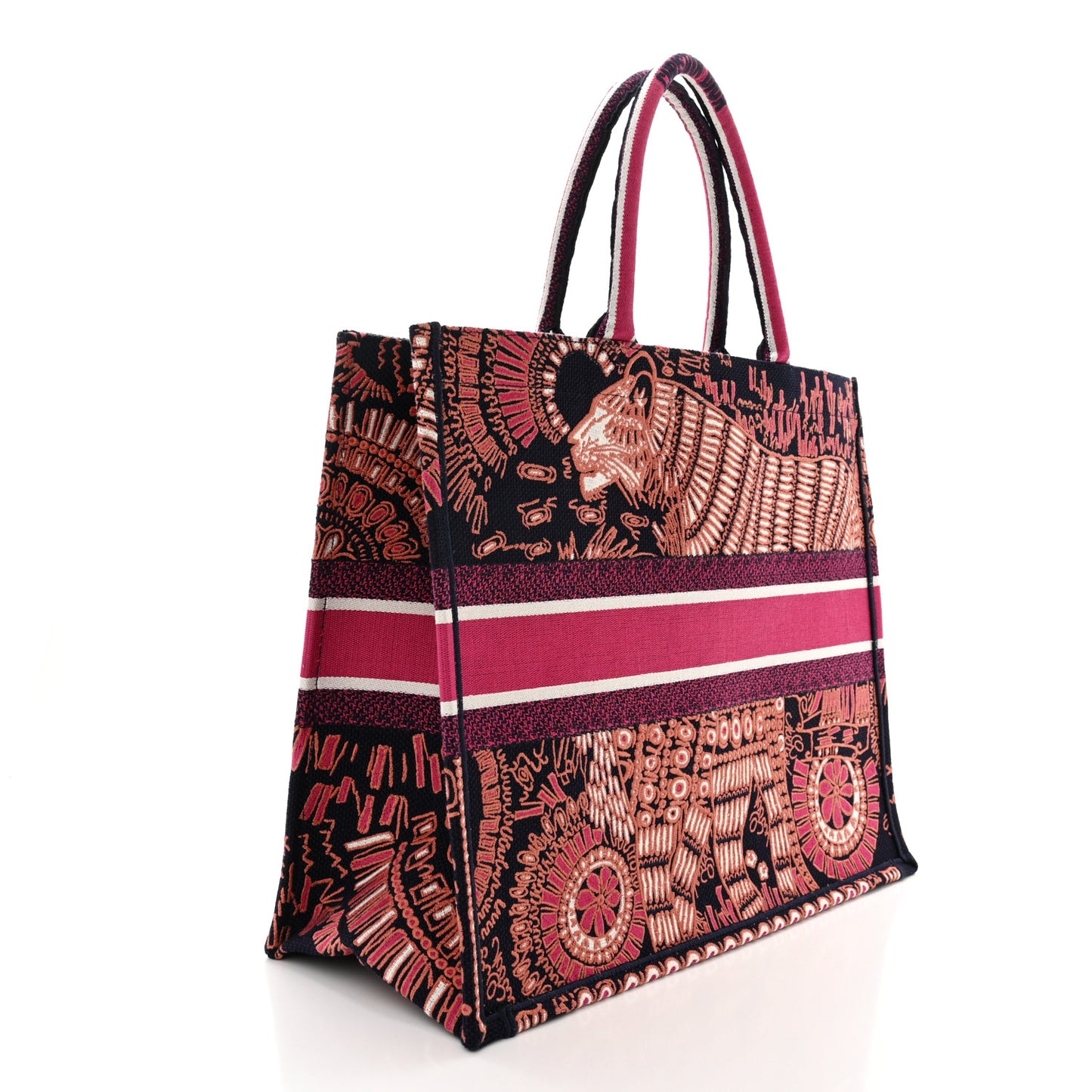 Canvas Embroidered Dior Animals Tiger Book Tote Deep Blue Fuchsia