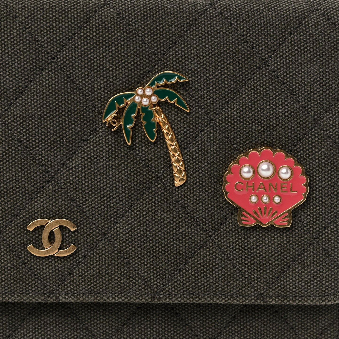 Canvas Quilted Coco Cuba Charms Wallet On Chain WOC Khaki