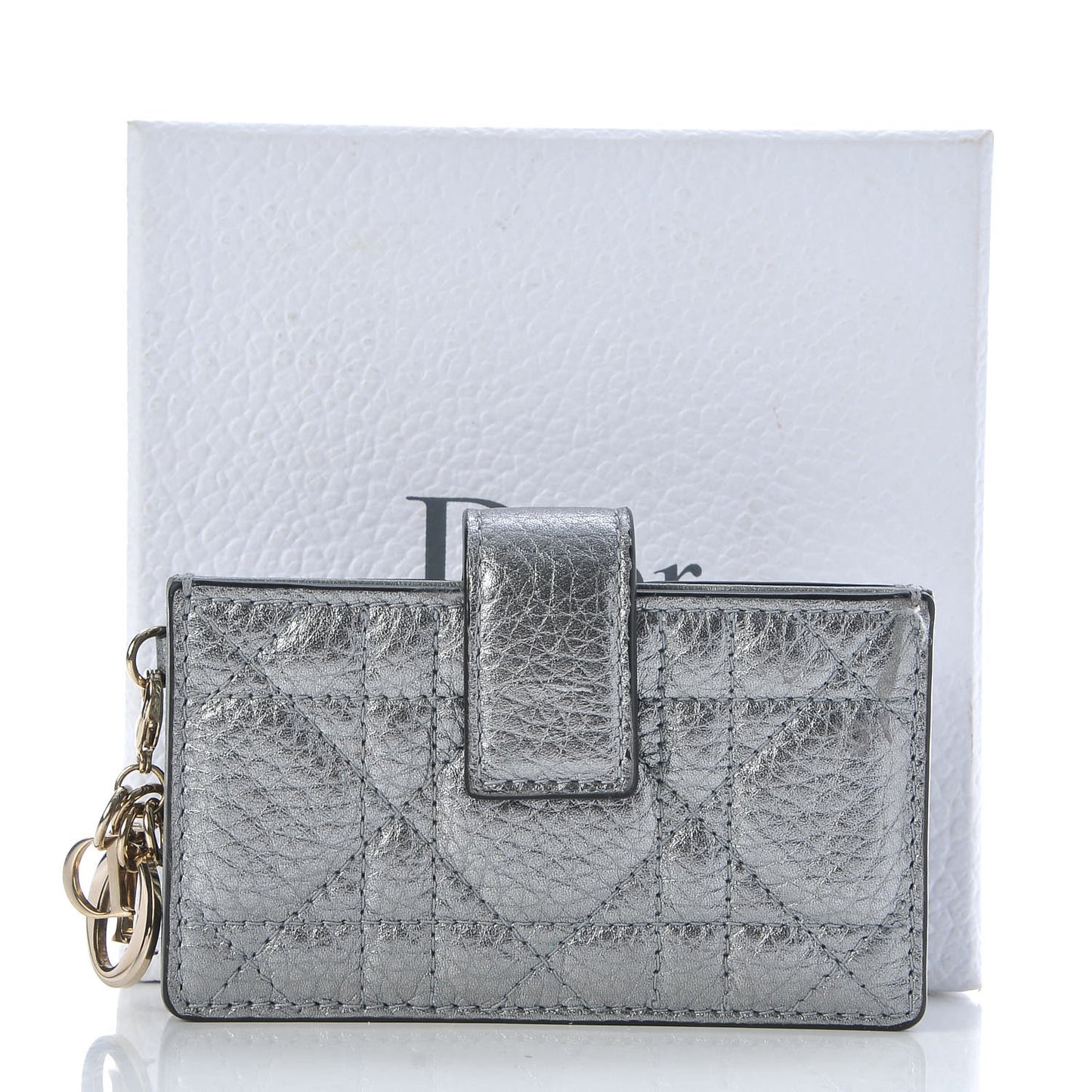 Metallic Grained Calfskin Cannage Lady Dior 5-Gusset Card Holder Silver