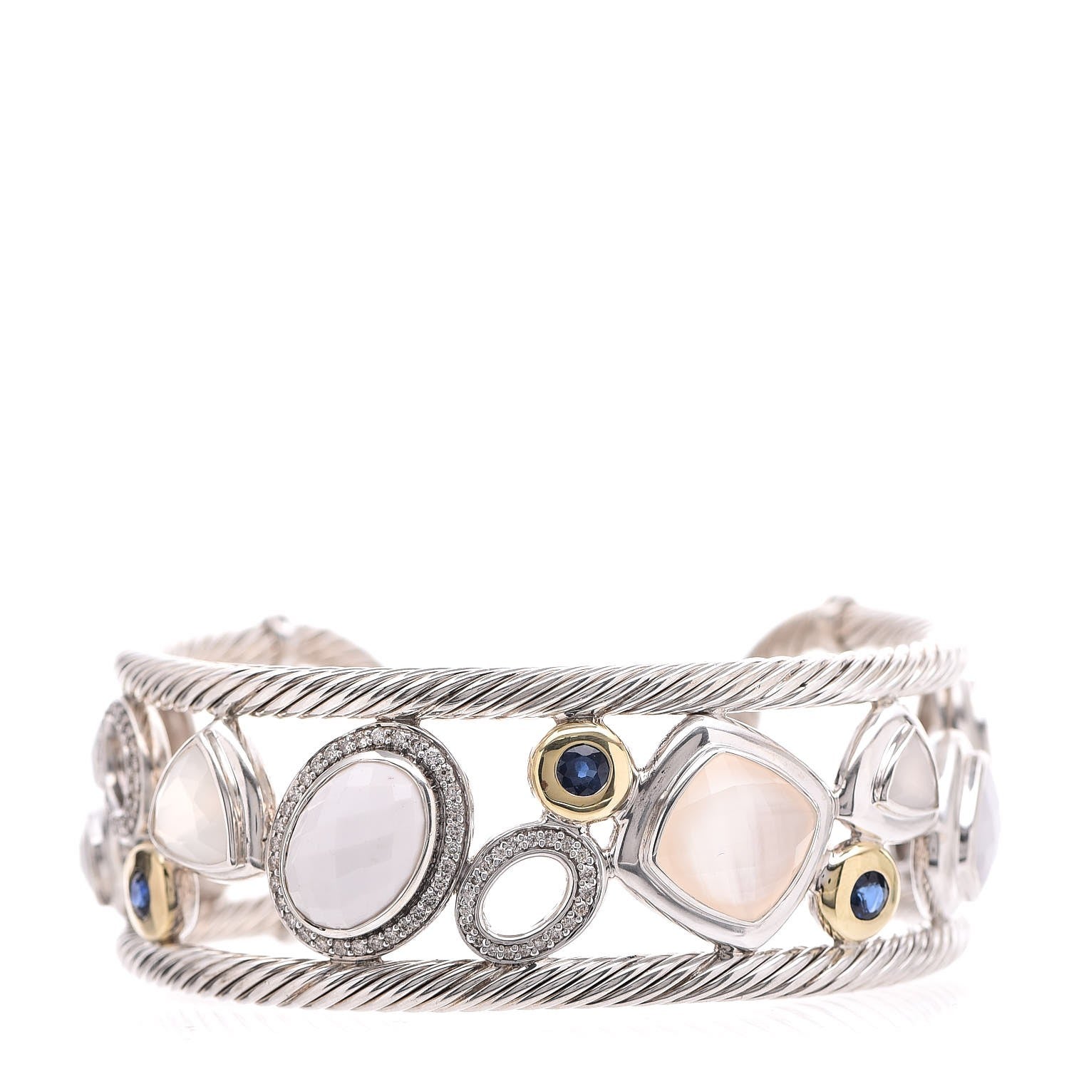 David Yurman Sterling Silver 18K Yellow Gold Diamond Sapphire Agate Moonstone Quartz Mosaic Cuff 1 of 4