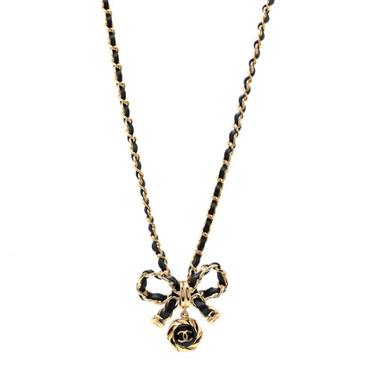 Chanel Metal Lambskin Chain CC Bow Necklace Black Gold 1 of 6