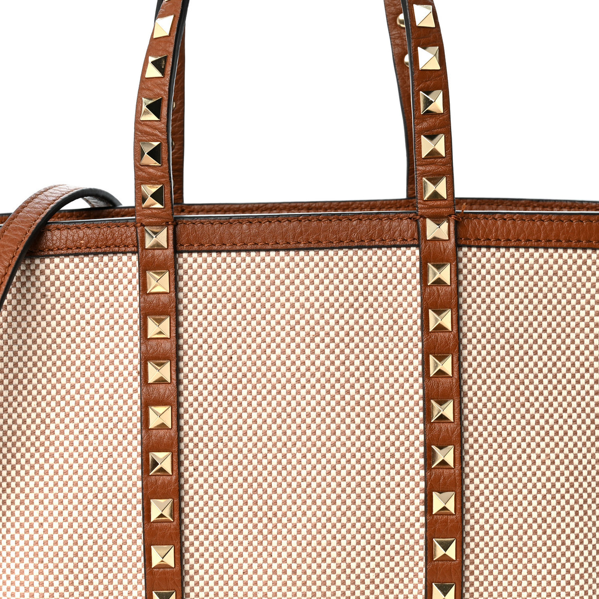 Canvas Grained Calfskin Small Rockstud Shopping Tote Naturale Tobacco