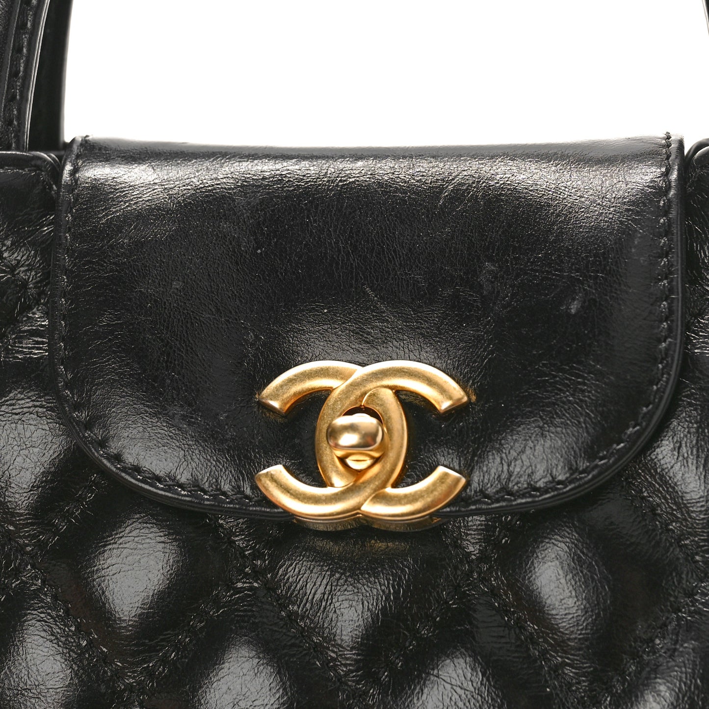 Shiny Aged Calfskin Quilted Nano Kelly Shopper Black