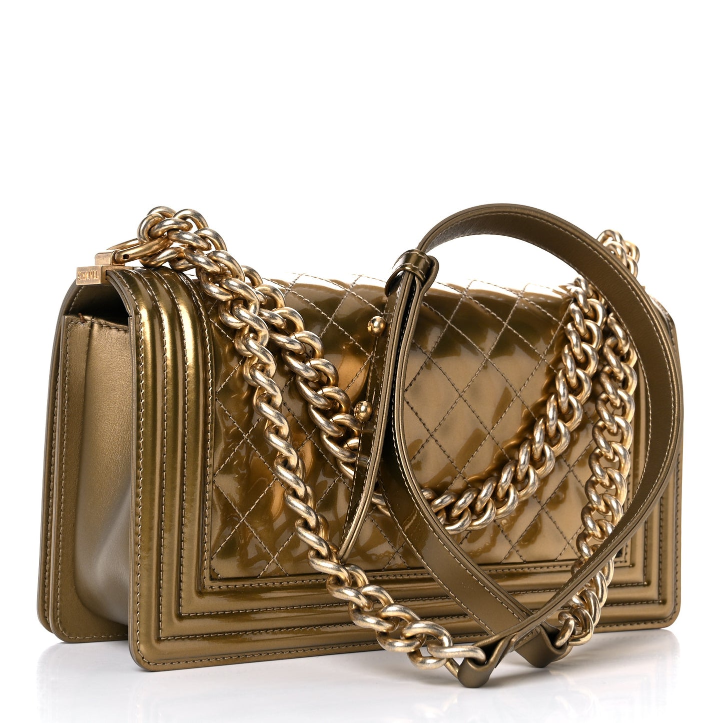 Metallic Patent Calfskin Quilted Medium Boy Flap Gold
