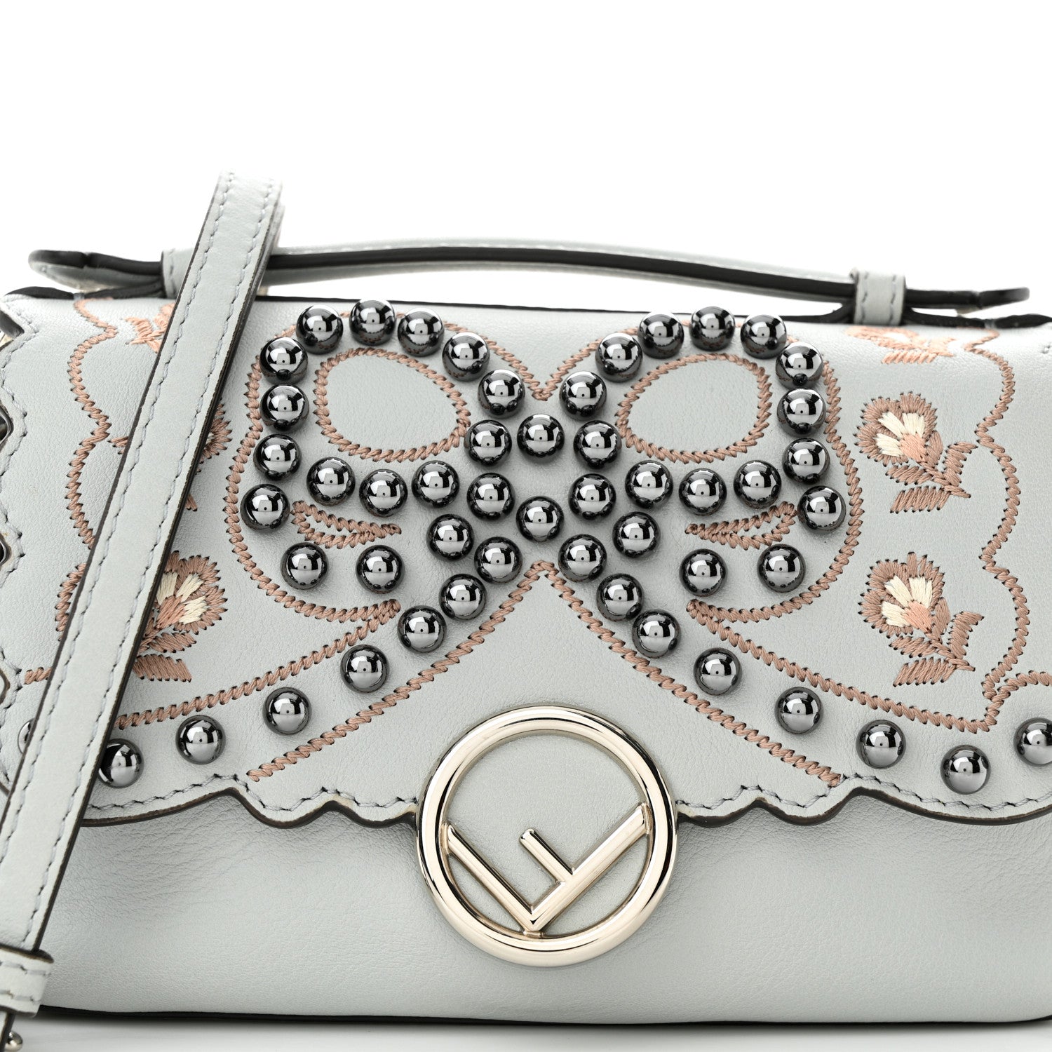 Fendi Vitello Dolce F is Fendi Flowers and Bows Scalloped Micro Double Baguette Grigio Perla Camelia 8 of 11