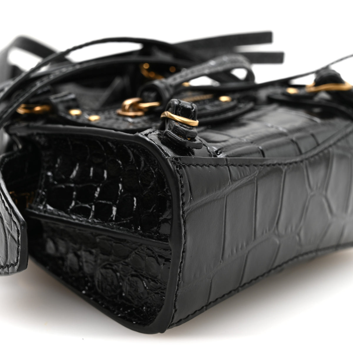 Shiny Supple Calfskin Crocodile Embossed Neo Classic Gold Hardware Super Nano City Crossbody Black