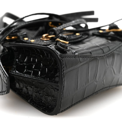 Balenciaga Shiny Supple Calfskin Crocodile Embossed Neo Classic Gold Hardware Super Nano City Crossbody Black 9 of 10