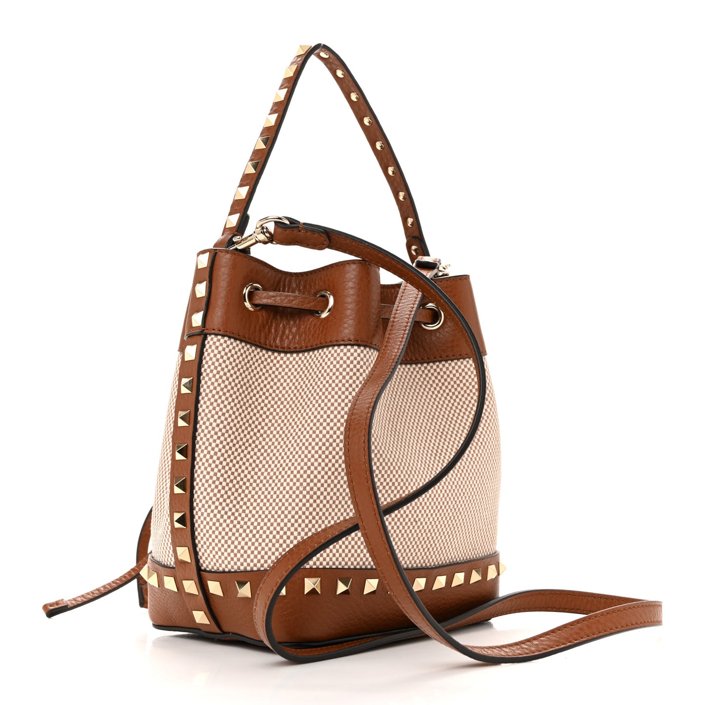 Canvas Grained Calfskin Rockstud Drawstring Bucket Bag Naturale Tobacco