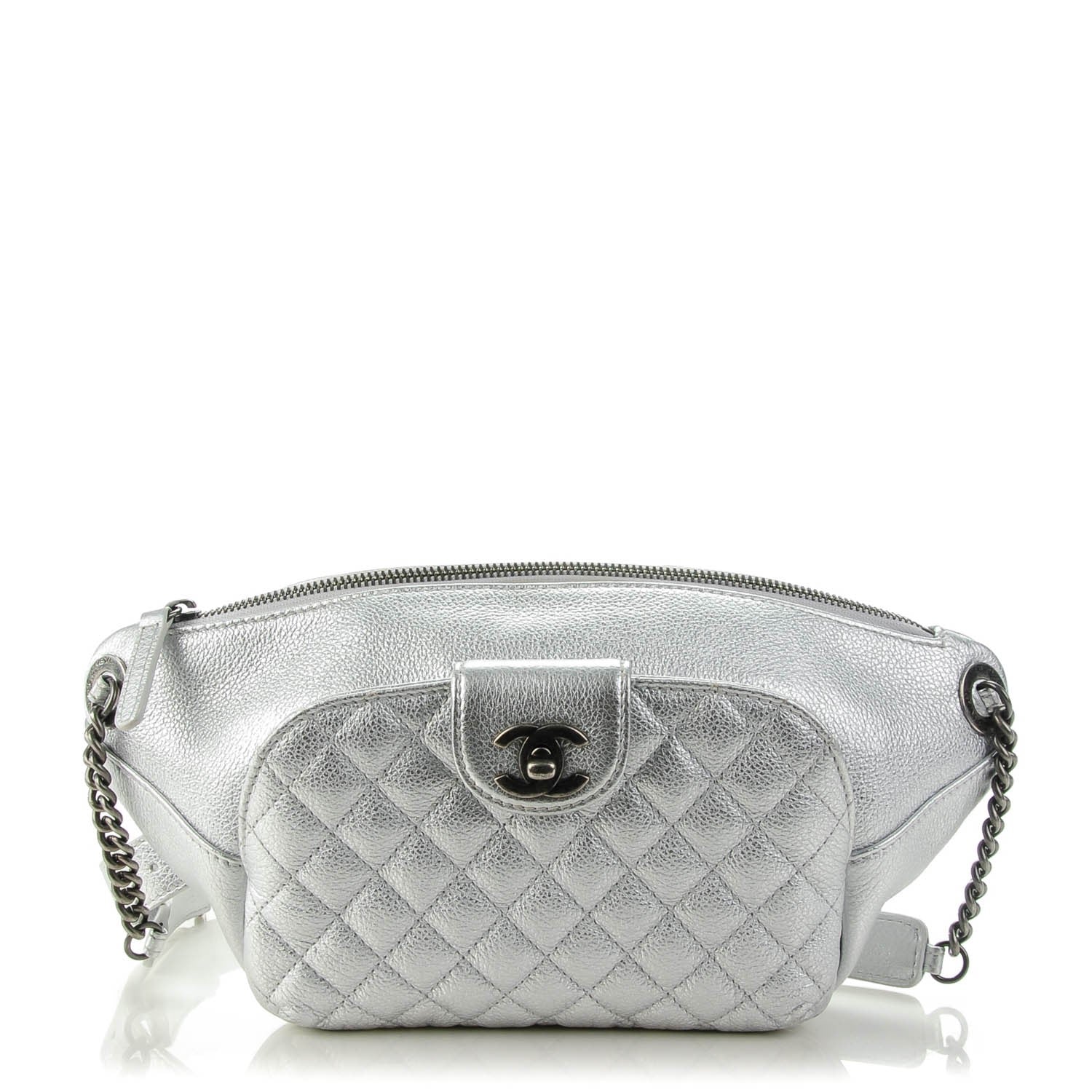 Chanel Metallic Grained Calfskin Quilted Casual Rock Waist Bag Fanny Pack Silver 1 of 7