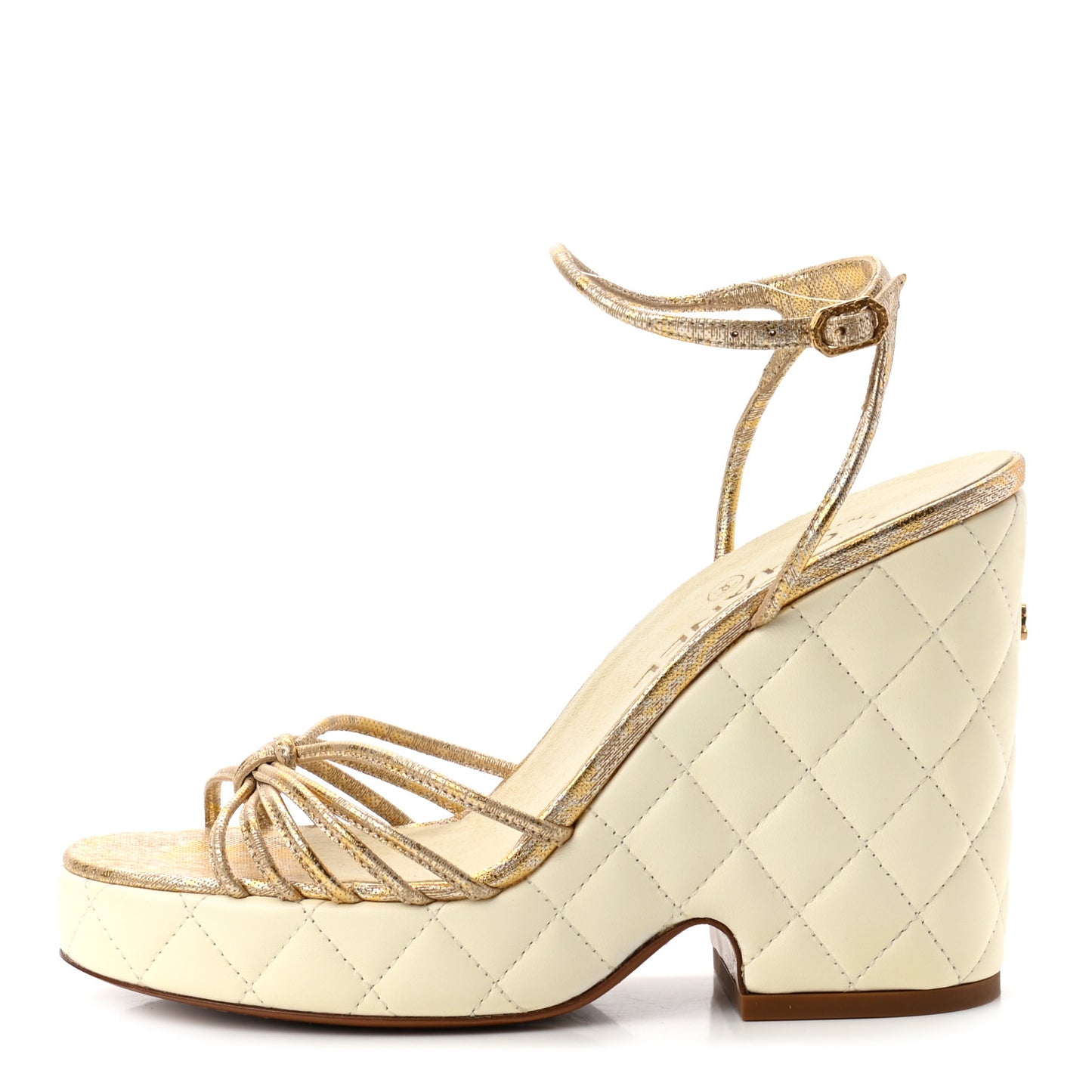 Metallic Lambskin Quilted Wedge Sandals 36.5 Light Beige Gold