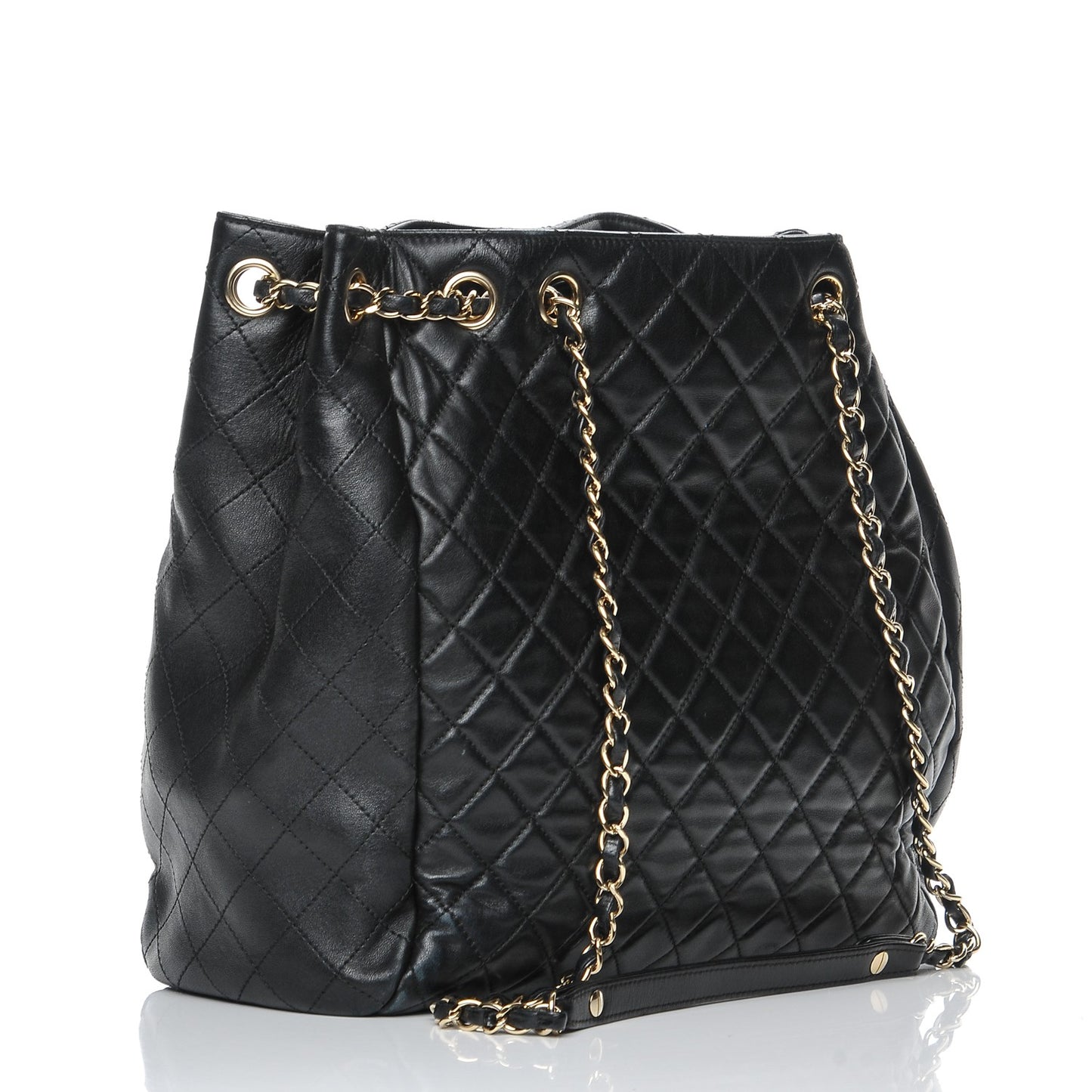 Lambskin Quilted Large Drawstring Bag Black
