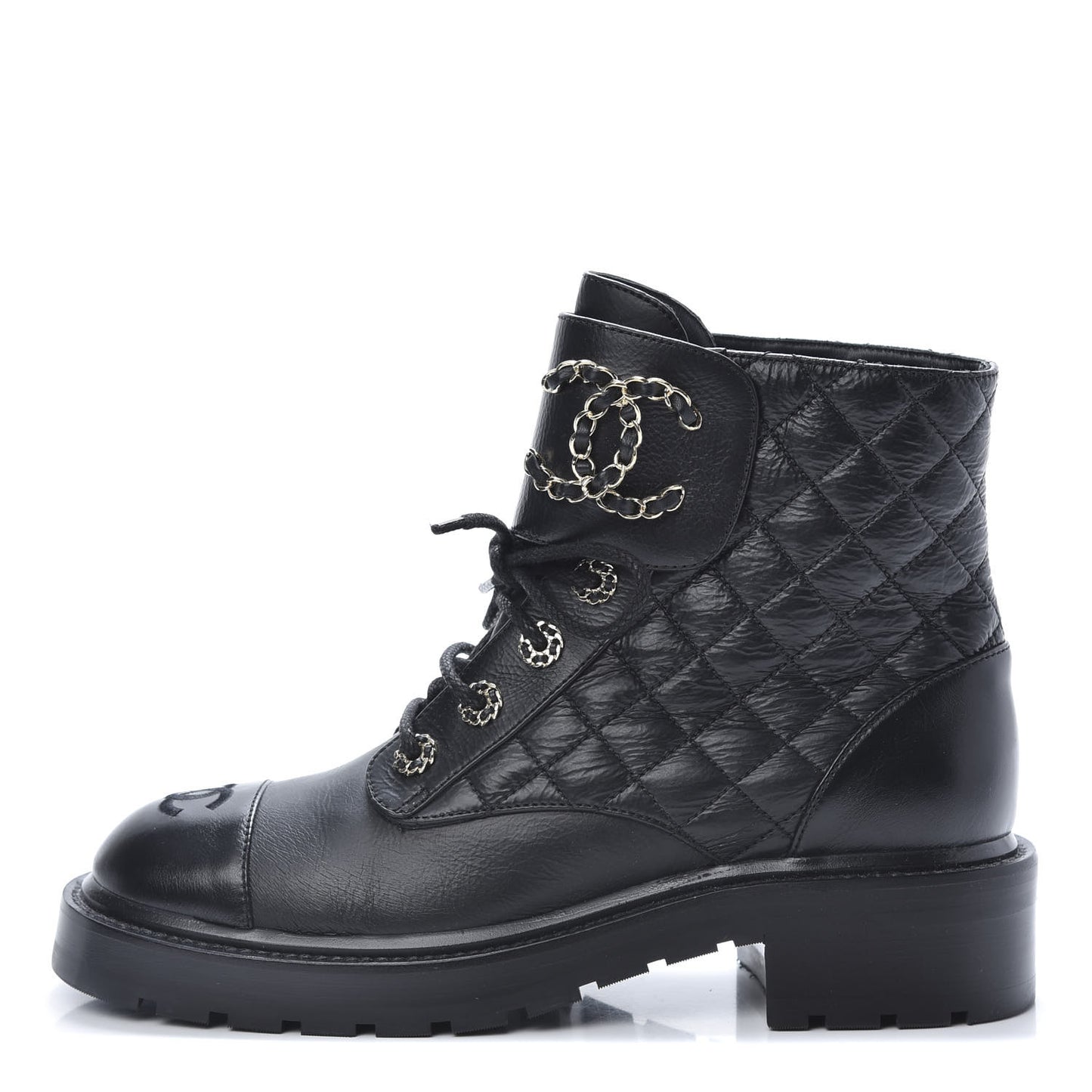 Shiny Goatskin Calfskin Quilted Lace Up Combat Boots 38.5 Black