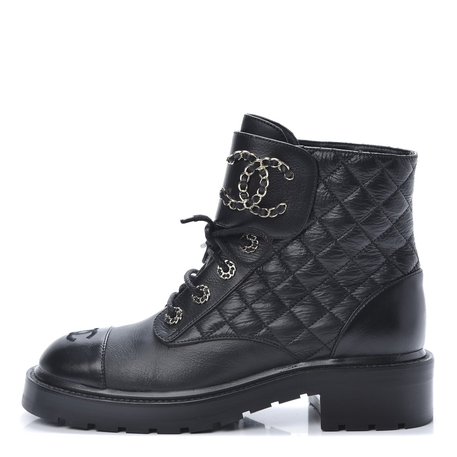Chanel Shiny Goatskin Calfskin Quilted Lace Up Combat Boots 38.5 Black 1 of 9