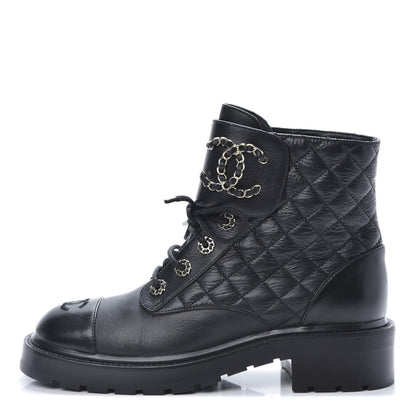 Chanel Shiny Goatskin Calfskin Quilted Lace Up Combat Boots 38.5 Black 1 of 9